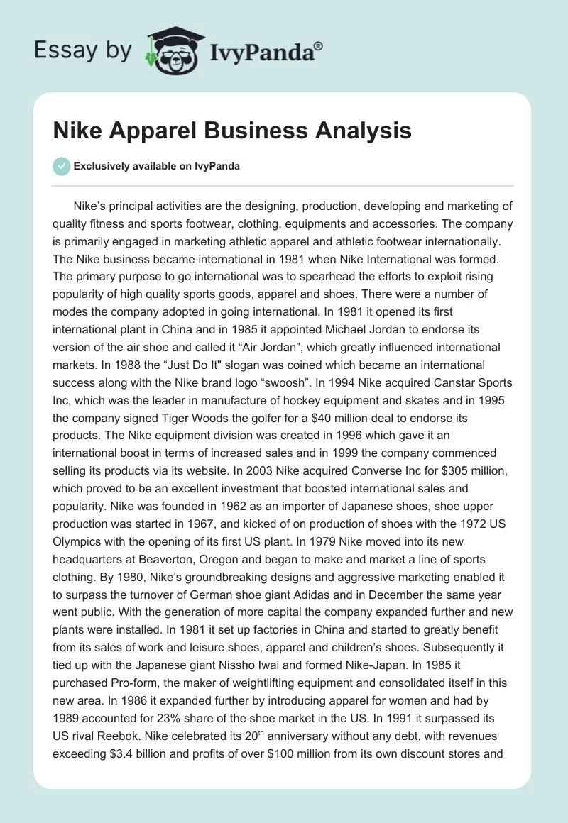 Nike Apparel Business Analysis. Page 1