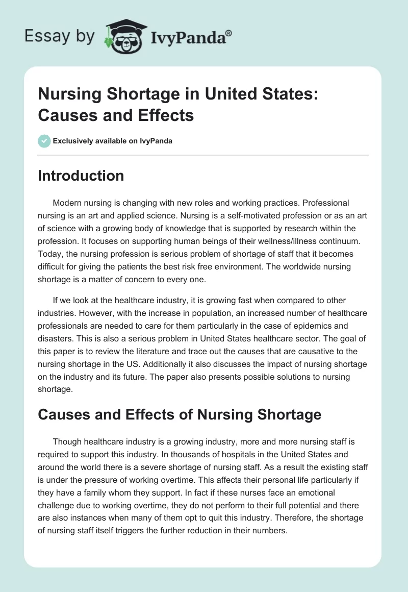 Nursing Shortage in United States: Causes and Effects. Page 1