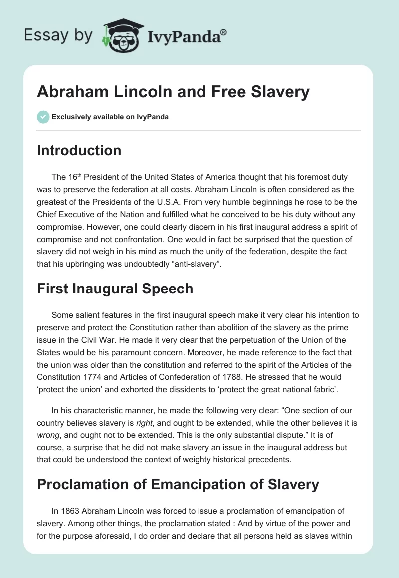 Abraham Lincoln and Free Slavery. Page 1