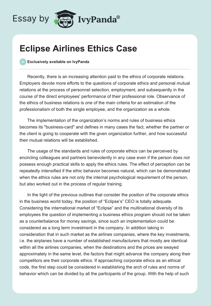 Eclipse Airlines Ethics Case. Page 1