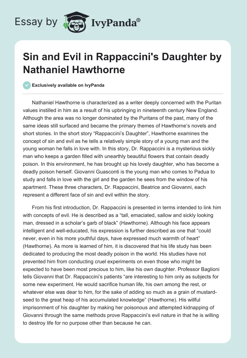 Sin and Evil in "Rappaccini's Daughter" by Nathaniel Hawthorne. Page 1
