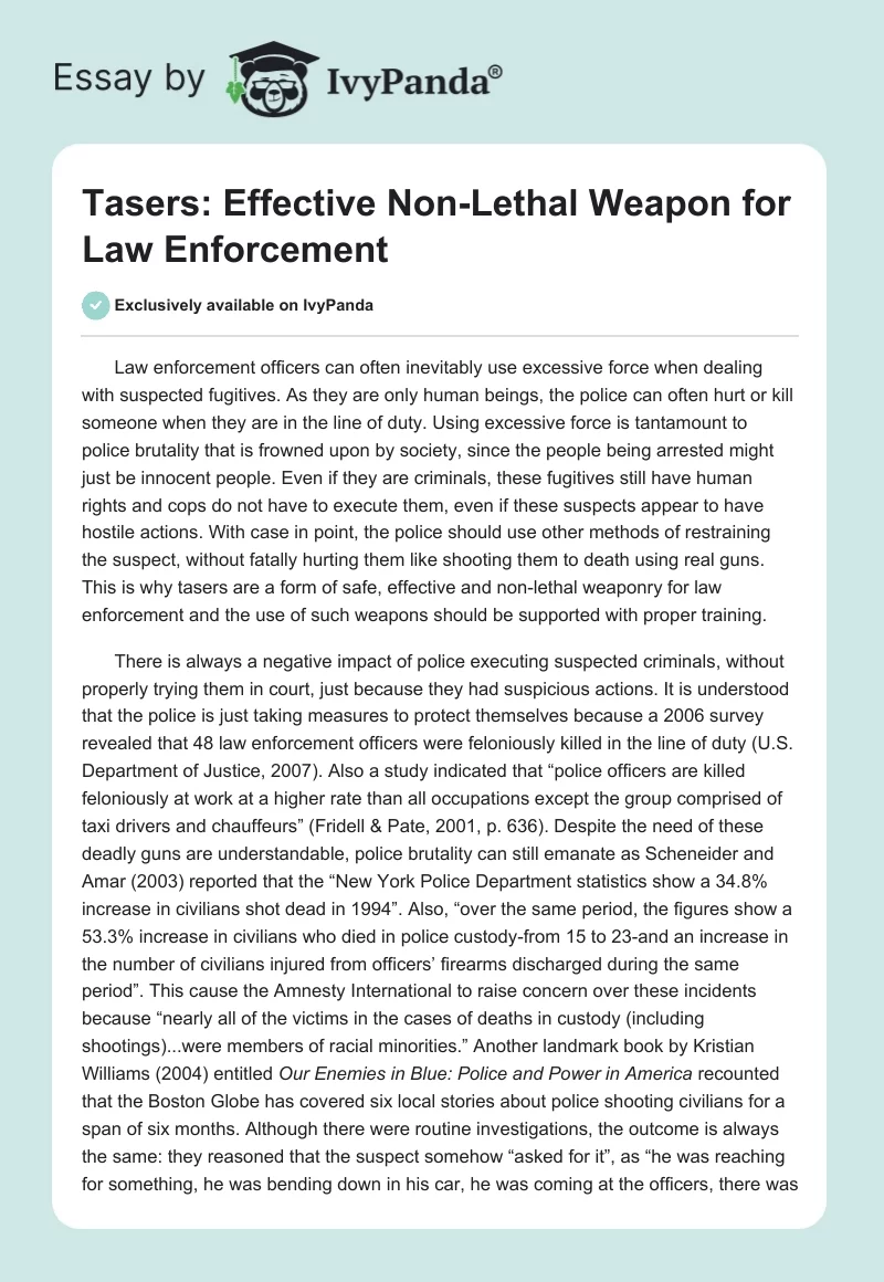 Tasers: Effective Non-Lethal Weapon for Law Enforcement. Page 1