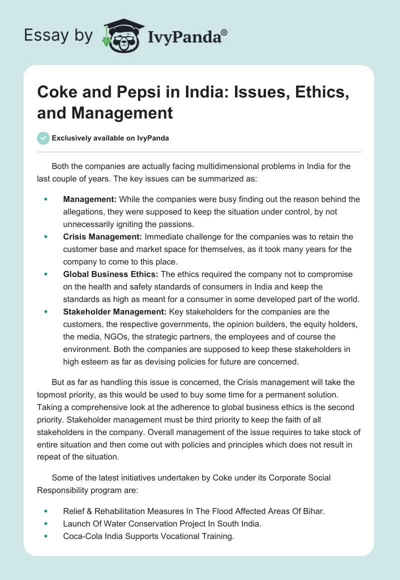 Coke and Pepsi in India: Issues, Ethics, and Management. Page 1