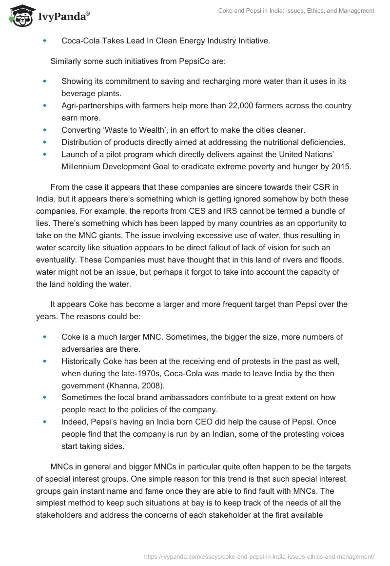 Coke and Pepsi in India: Issues, Ethics, and Management. Page 2