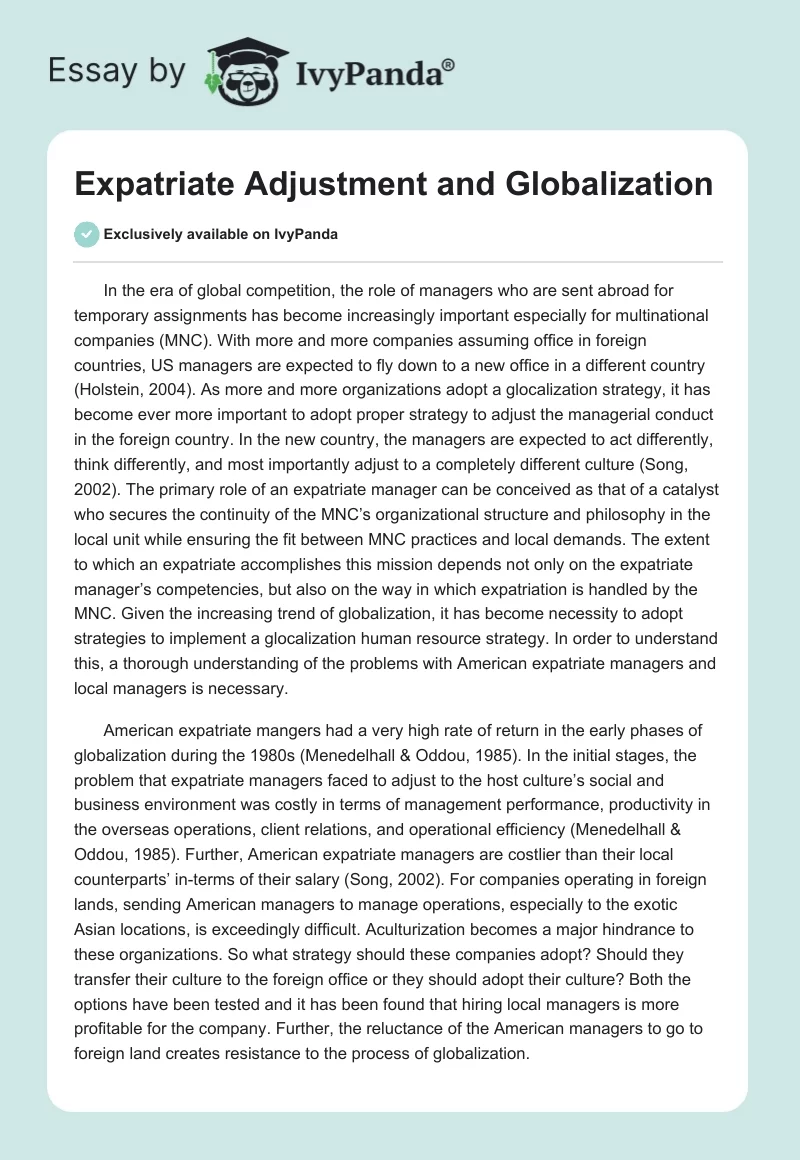 Expatriate Adjustment and Globalization. Page 1