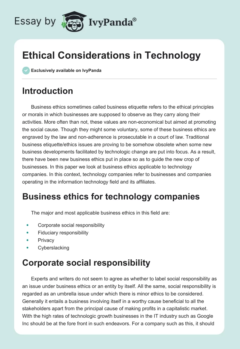 Ethical Considerations in Technology. Page 1