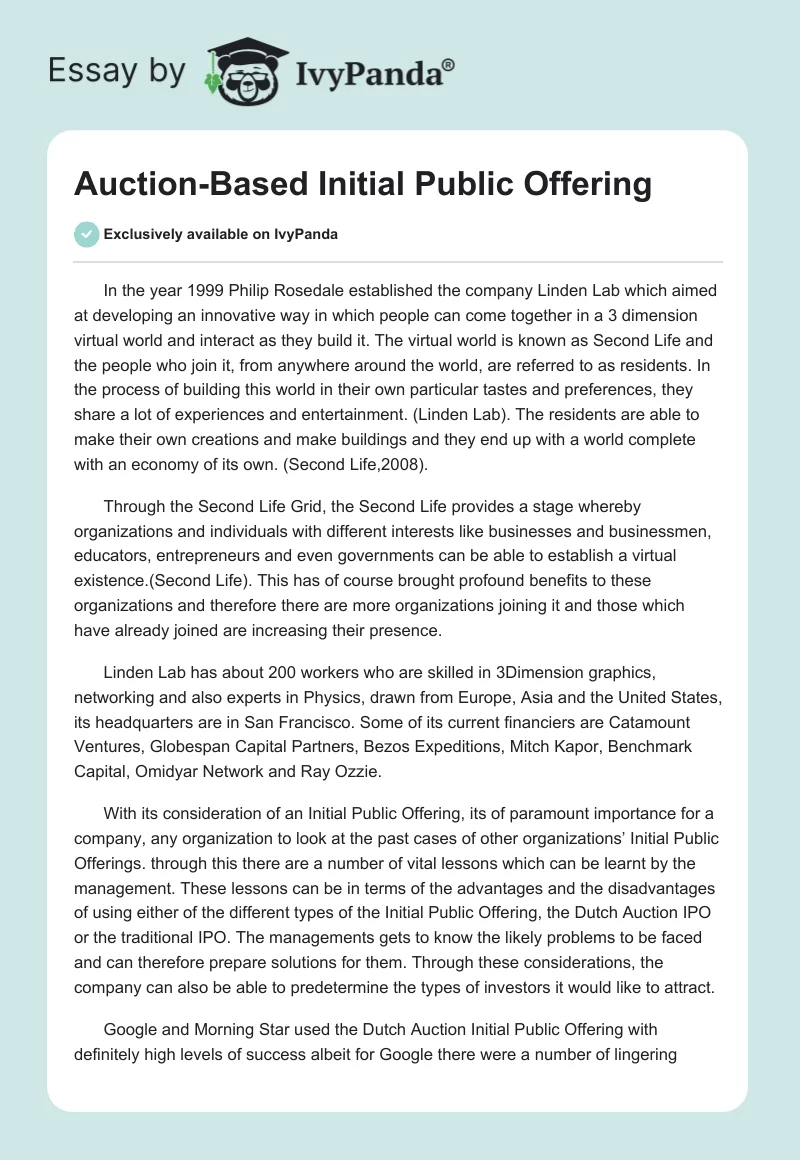 Auction-Based Initial Public Offering. Page 1