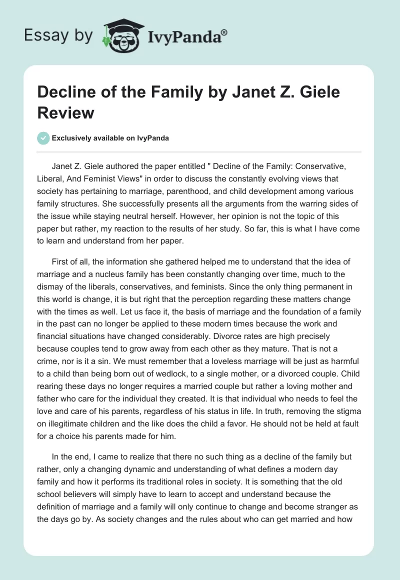 "Decline of the Family" by Janet Z. Giele Review. Page 1