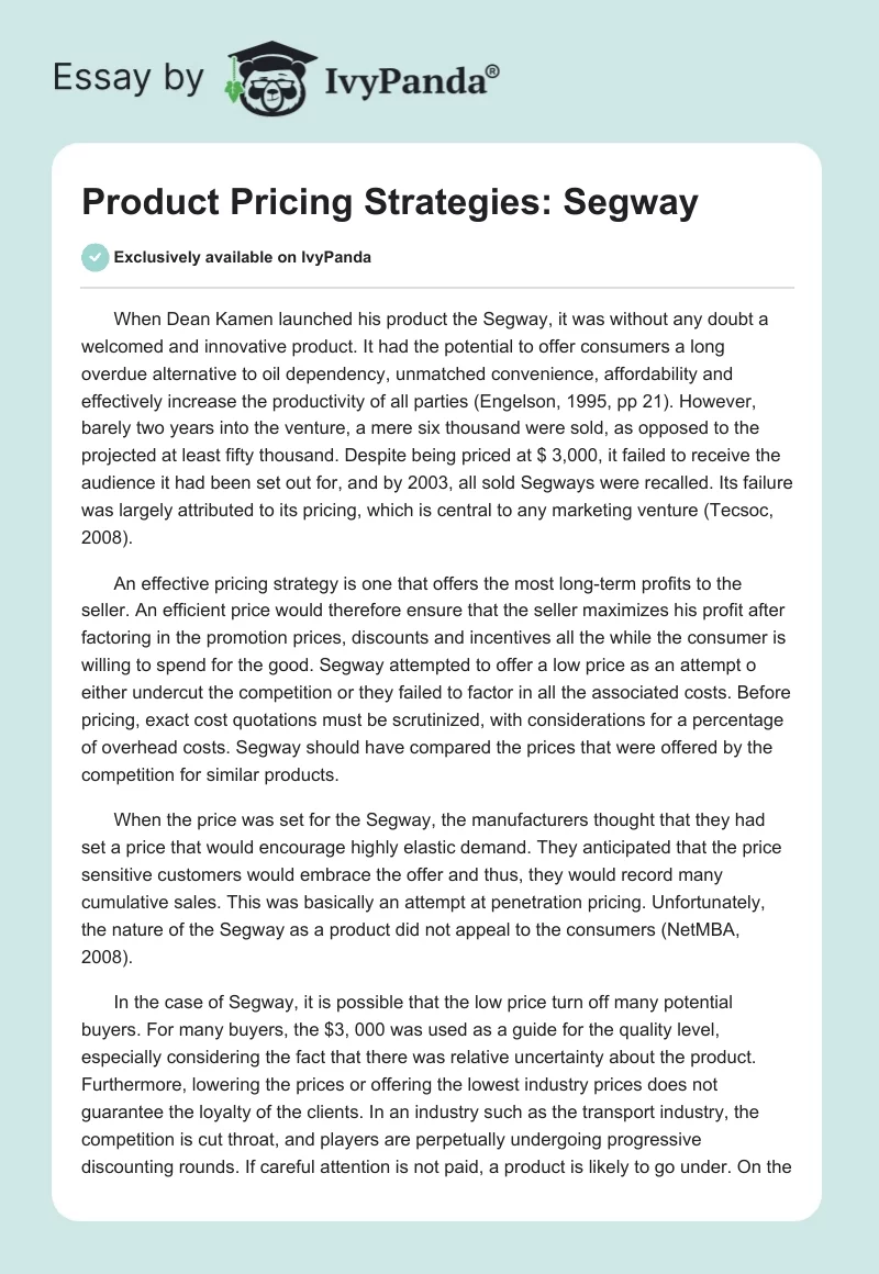 Product Pricing Strategies: Segway. Page 1