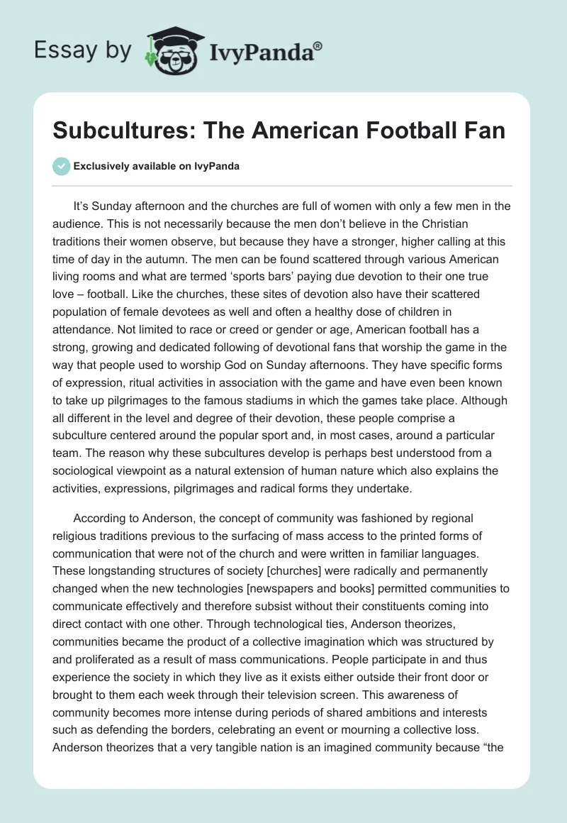Subcultures: The American Football Fan. Page 1