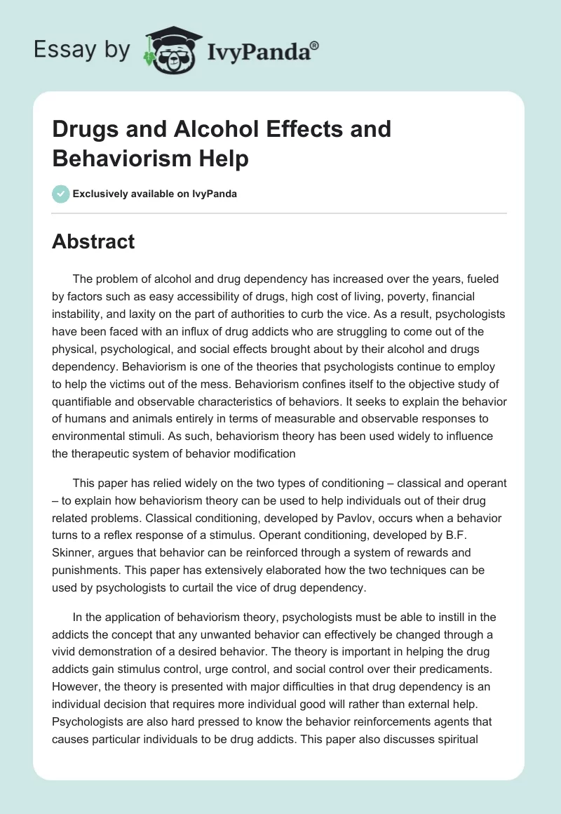 Drugs and Alcohol Effects and Behaviorism Help. Page 1