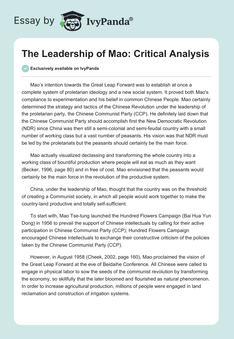 The Leadership of Mao: Critical Analysis. Page 1