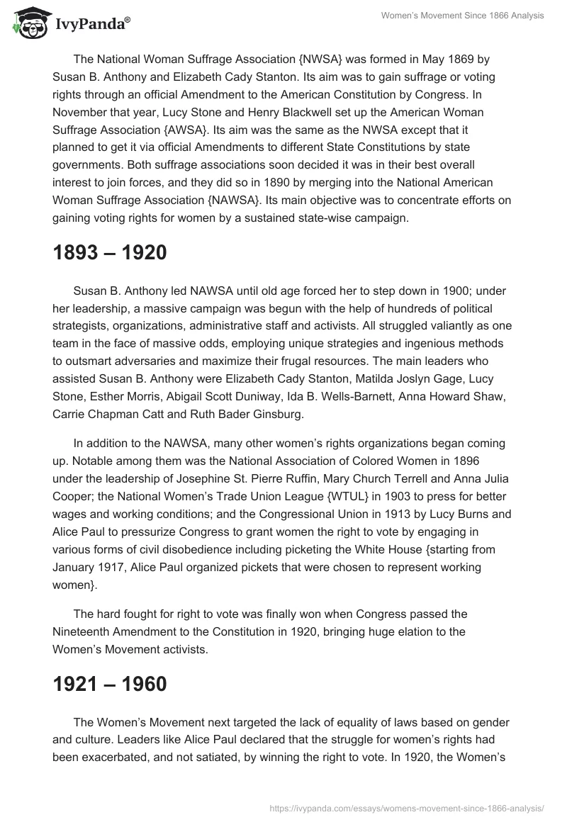 Women’s Movement Since 1866 Analysis. Page 2