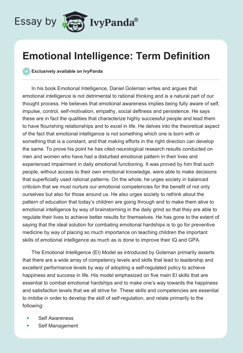 Emotional Intelligence: Term Definition. Page 1