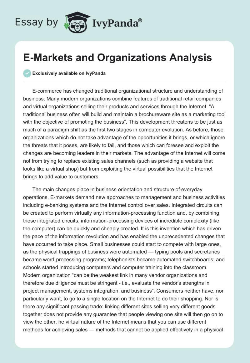 E-Markets and Organizations Analysis. Page 1