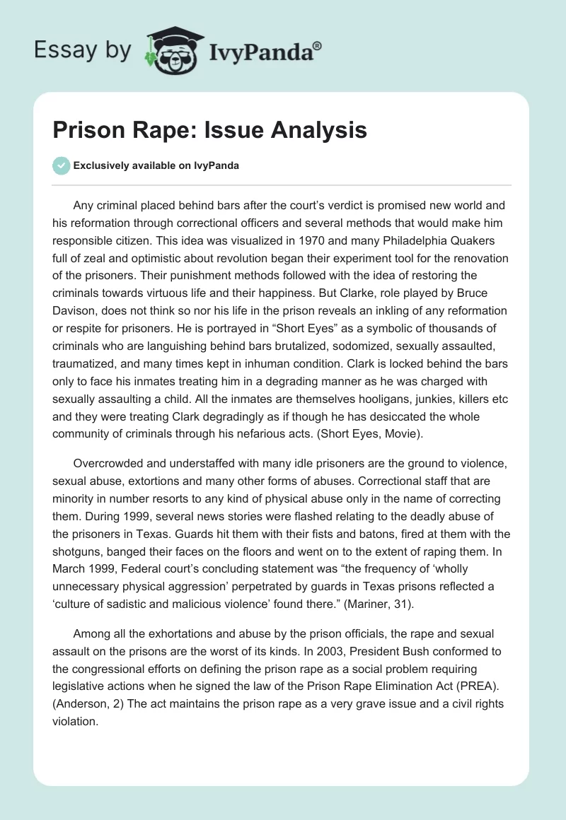 Prison Rape: Issue Analysis. Page 1