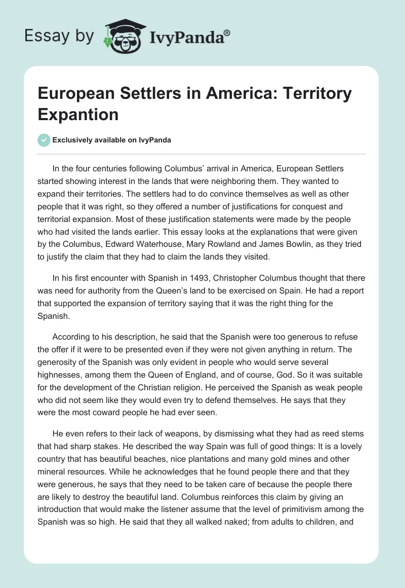 European Settlers in America: Territory Expantion. Page 1