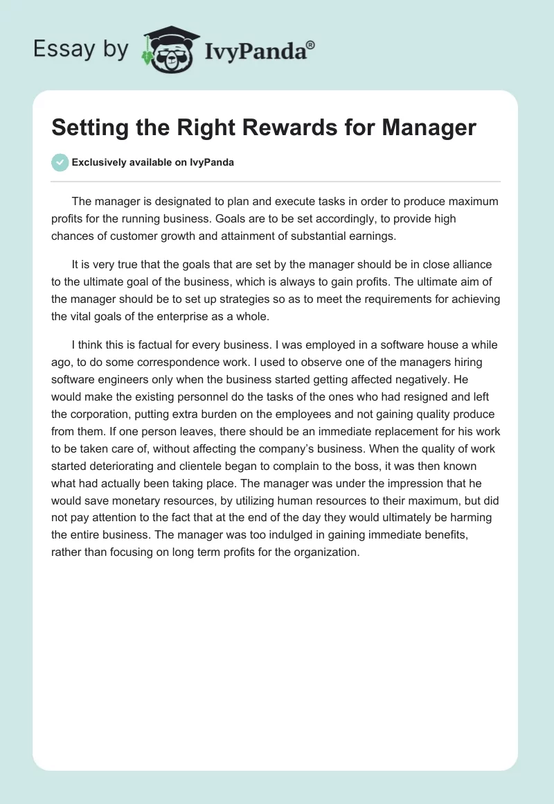 Setting the Right Rewards for Manager. Page 1