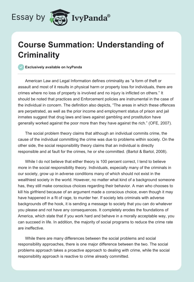 Course Summation: Understanding of Criminality. Page 1