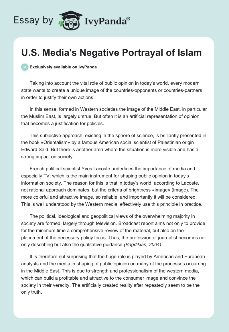 U.S. Media's Negative Portrayal of Islam. Page 1