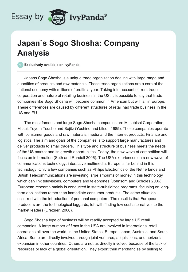 Japan`s Sogo Shosha: Company Analysis. Page 1