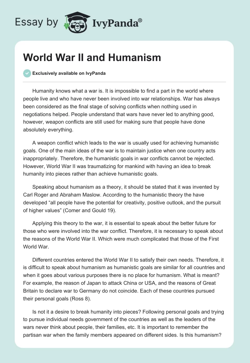 World War II and Humanism. Page 1