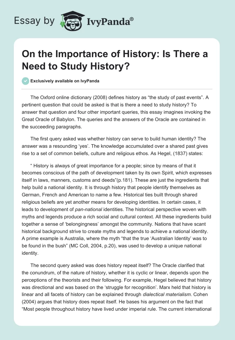 On the Importance of History: Is There a Need to Study History?. Page 1