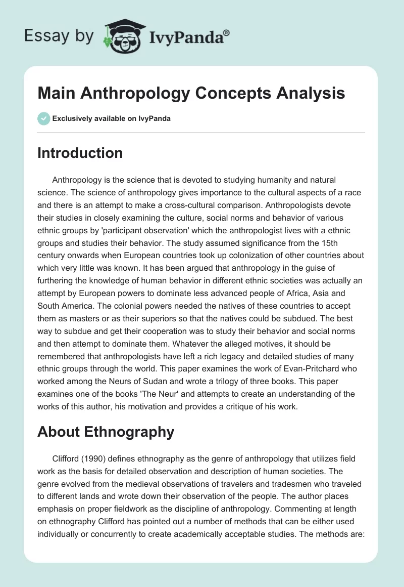 Main Anthropology Concepts Analysis. Page 1