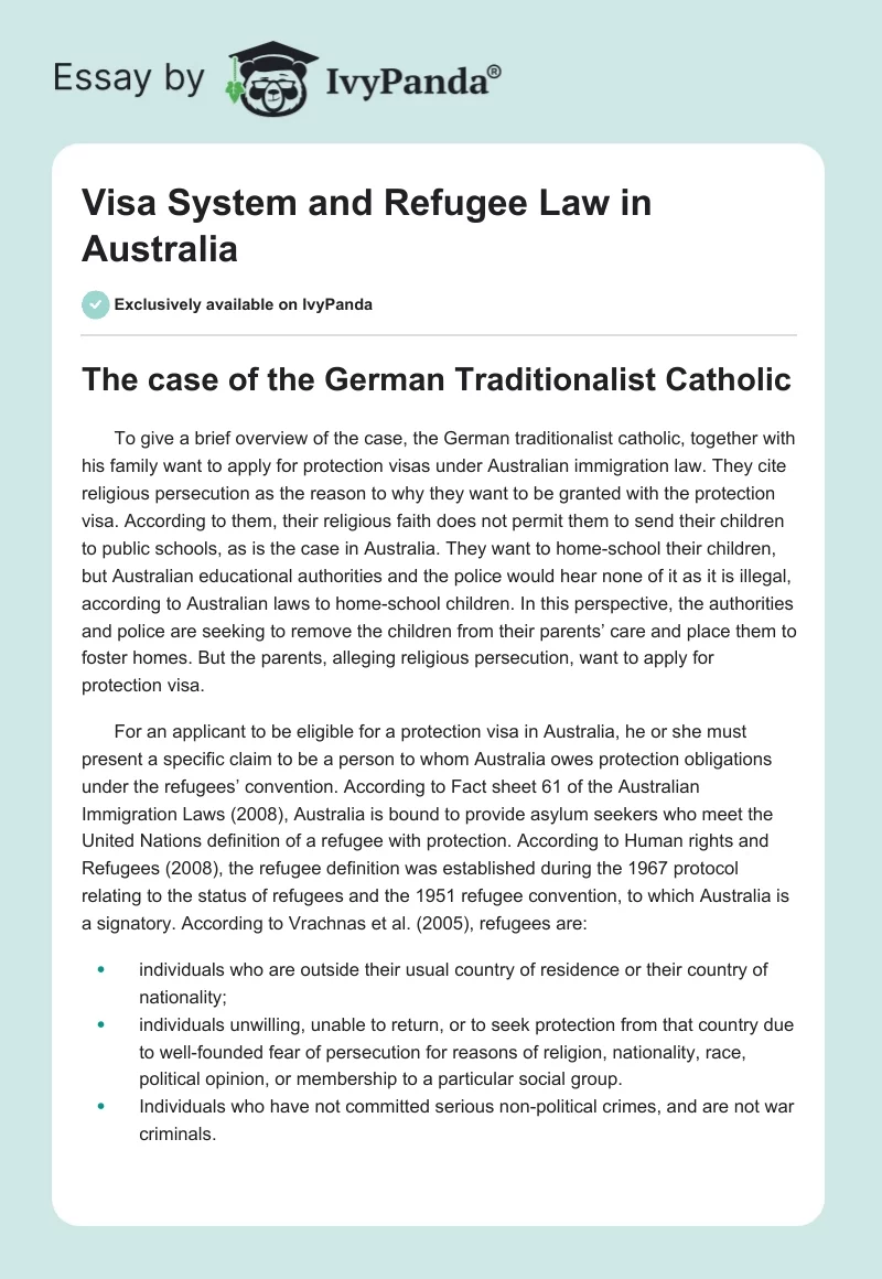 Visa System and Refugee Law in Australia. Page 1