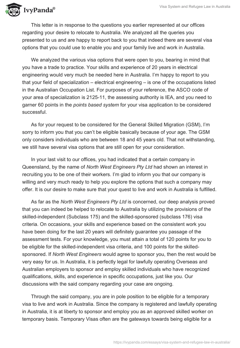 Visa System and Refugee Law in Australia. Page 5
