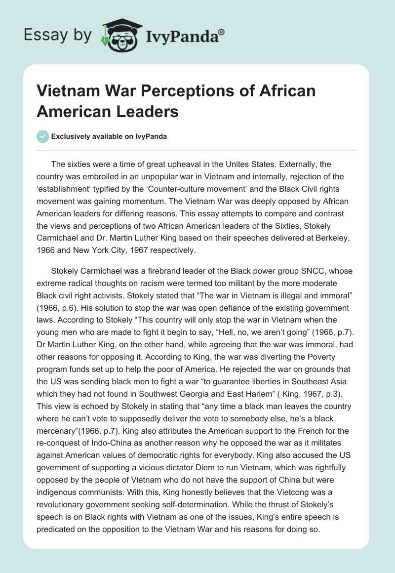 Vietnam War Perceptions of African American Leaders. Page 1