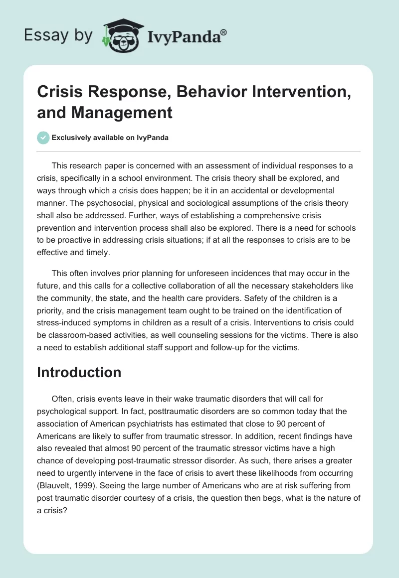 Crisis Response, Behavior Intervention, and Management. Page 1