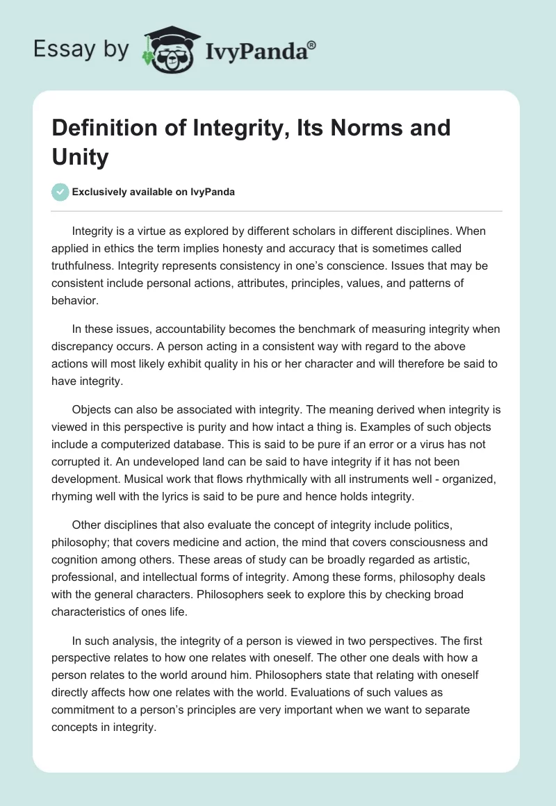 Definition of Integrity, Its Norms and Unity. Page 1