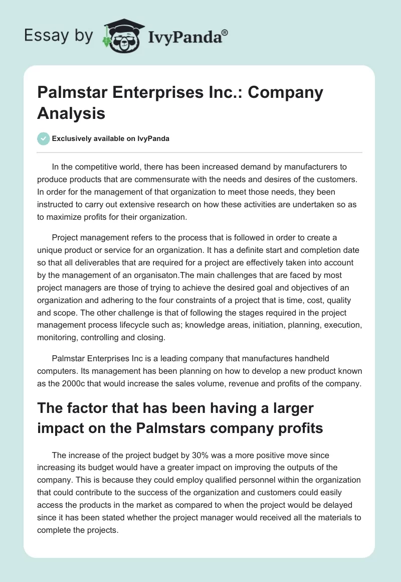 Palmstar Enterprises Inc.: Company Analysis. Page 1