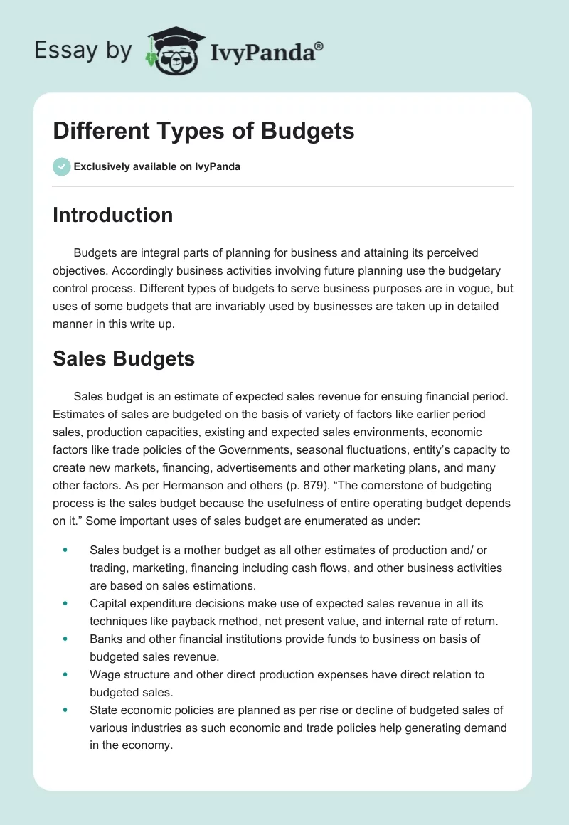 Different Types of Budgets. Page 1
