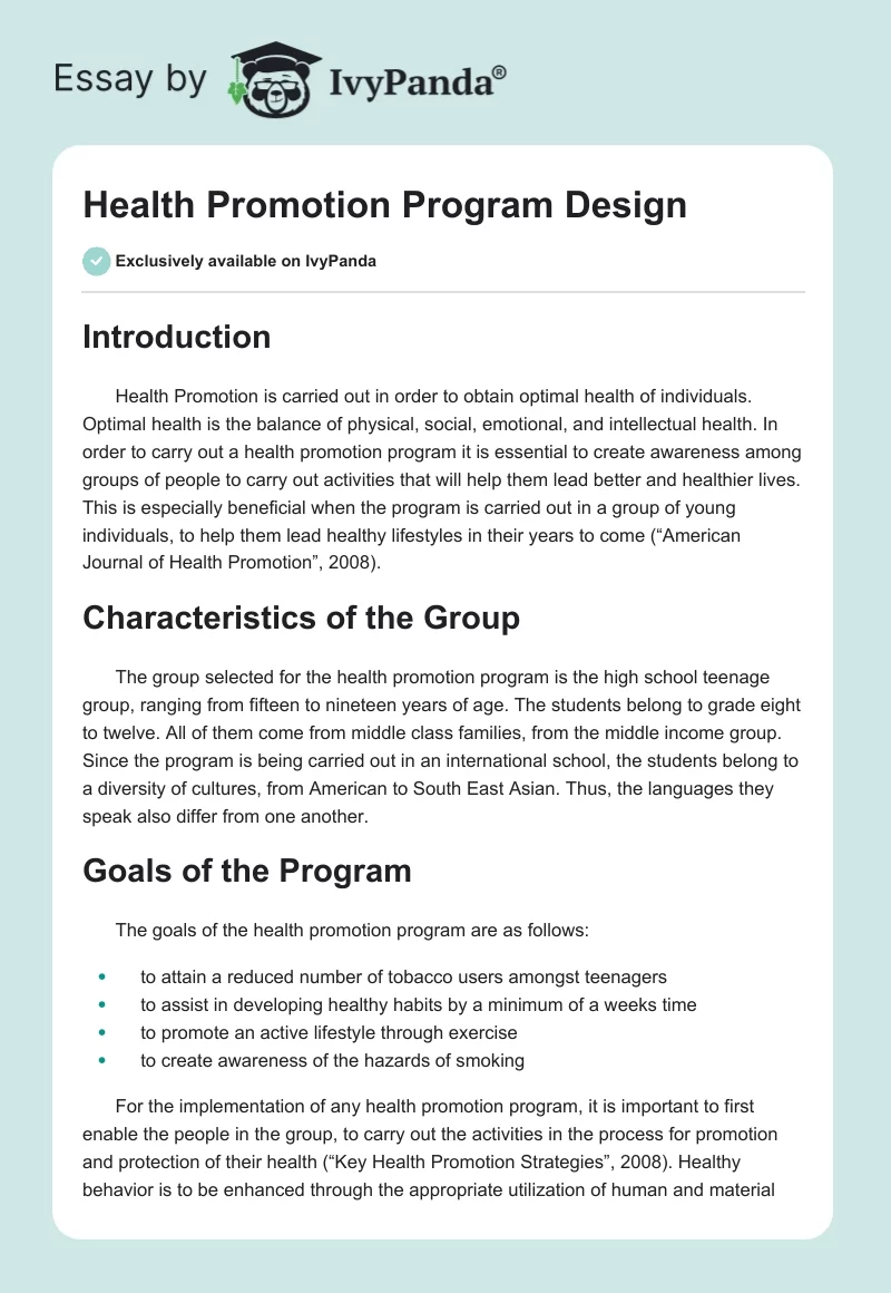 Health Promotion Program Design. Page 1