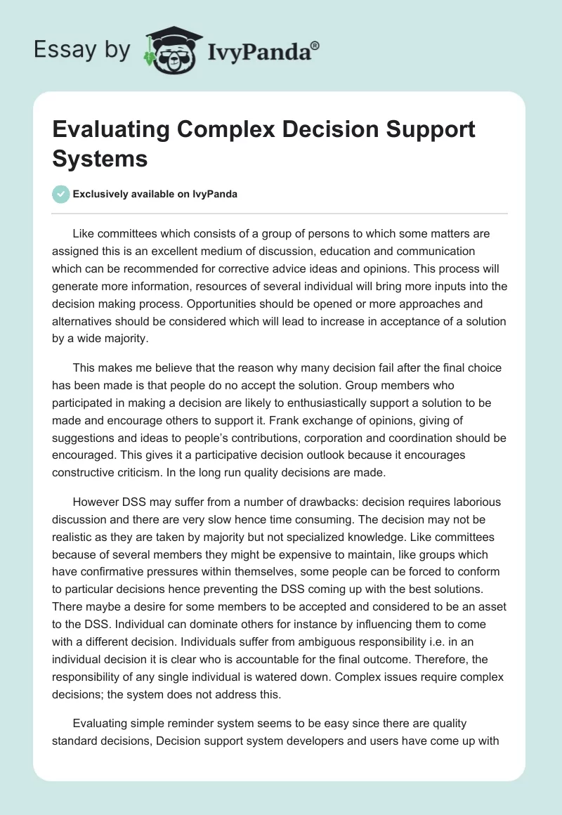 Evaluating Complex Decision Support Systems. Page 1