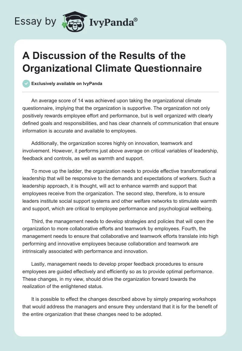 A Discussion of the Results of the Organizational Climate Questionnaire. Page 1