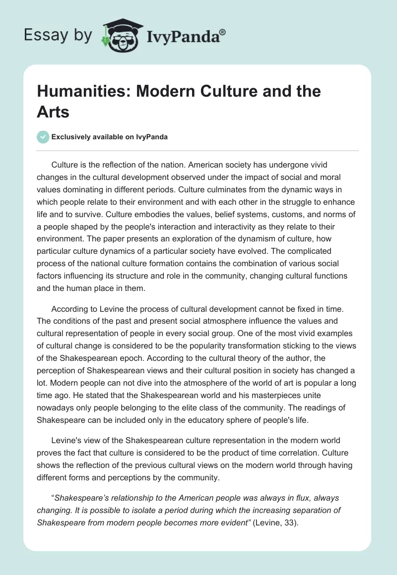 Humanities: Modern Culture and the Arts. Page 1