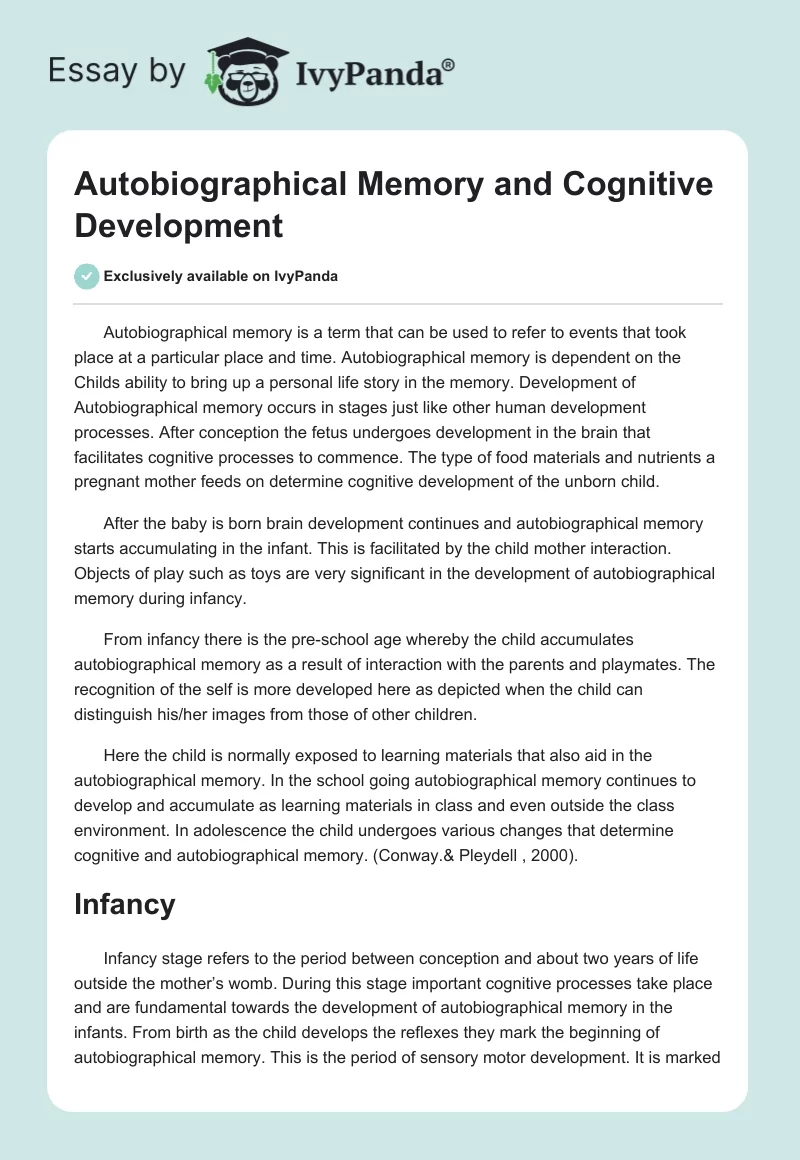 Autobiographical Memory and Cognitive Development. Page 1