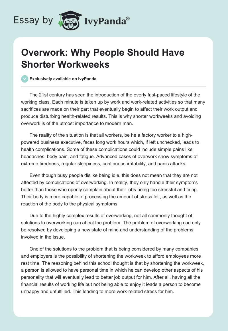 Overwork: Why People Should Have Shorter Workweeks. Page 1
