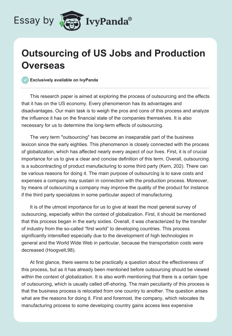 Outsourcing of US Jobs and Production Overseas. Page 1