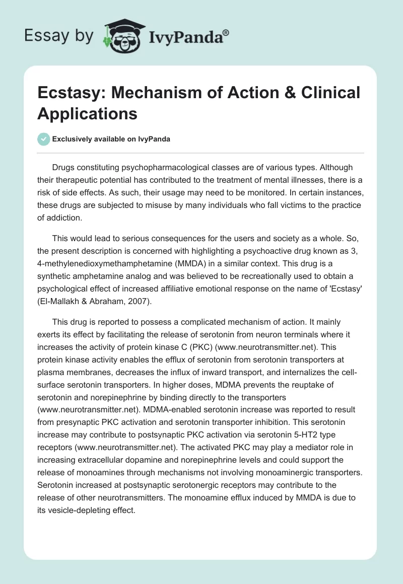 Ecstasy: Mechanism of Action & Clinical Applications. Page 1
