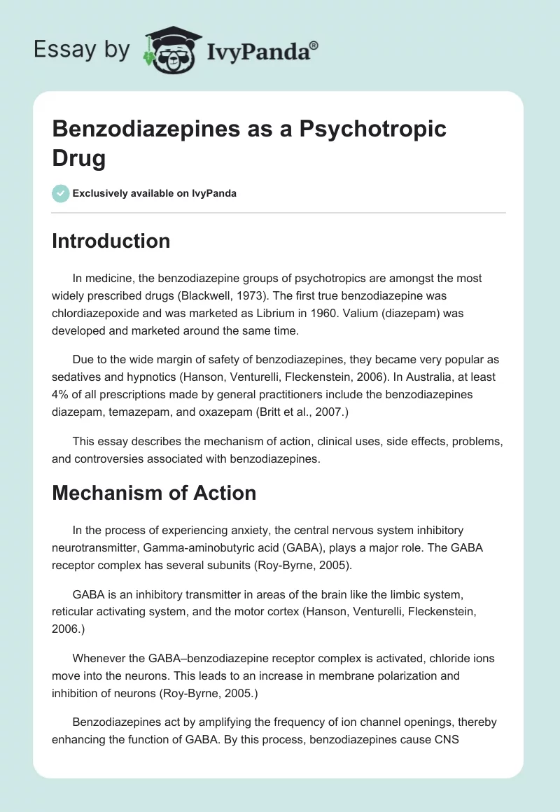 Benzodiazepines as a Psychotropic Drug. Page 1