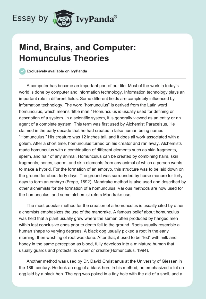 Mind, Brains, and Computer: Homunculus Theories. Page 1