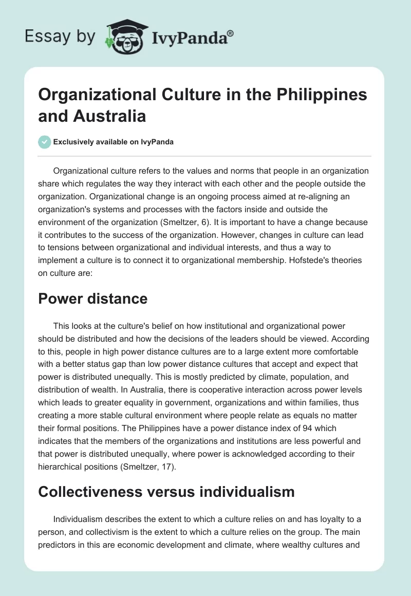 Organizational Culture in the Philippines and Australia. Page 1