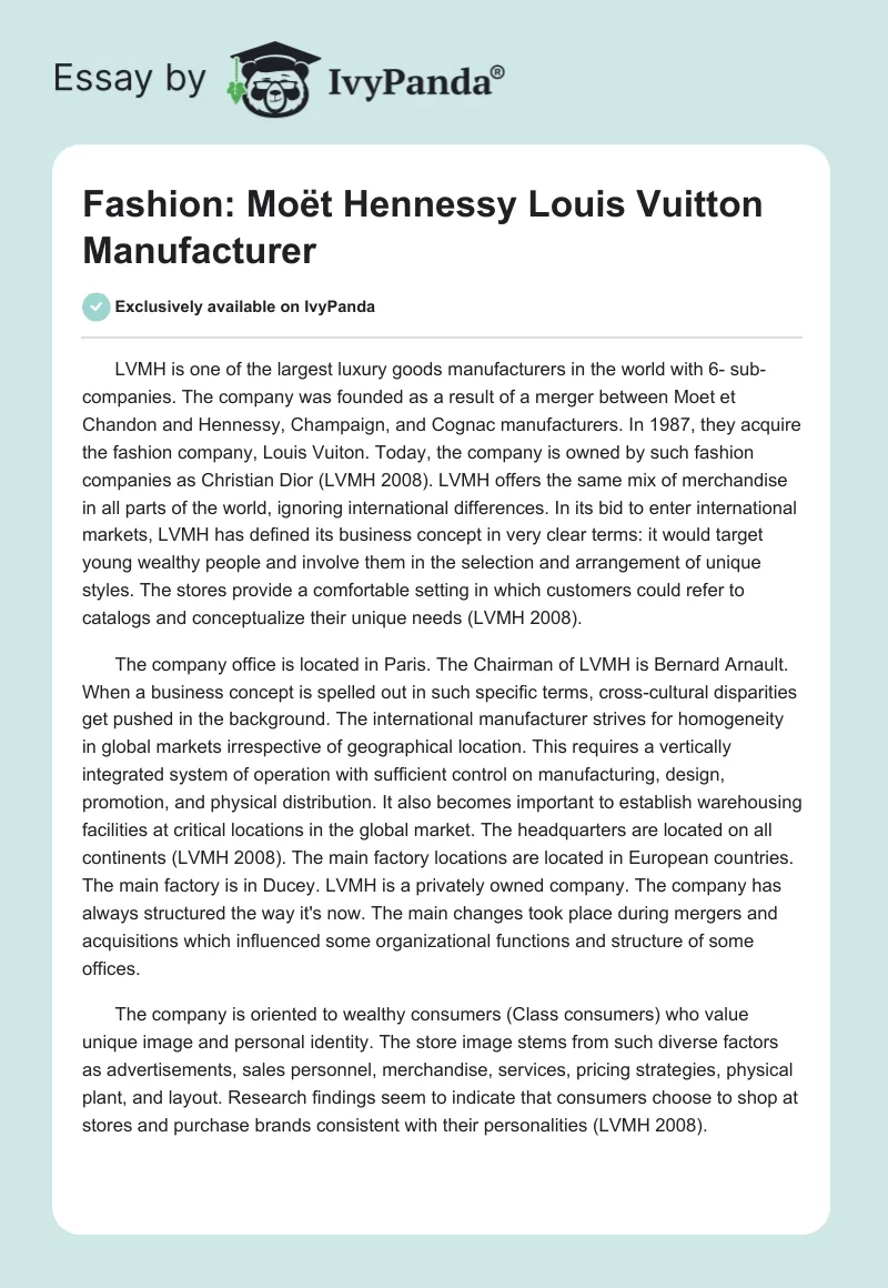 Fashion: Moët Hennessy Louis Vuitton Manufacturer. Page 1