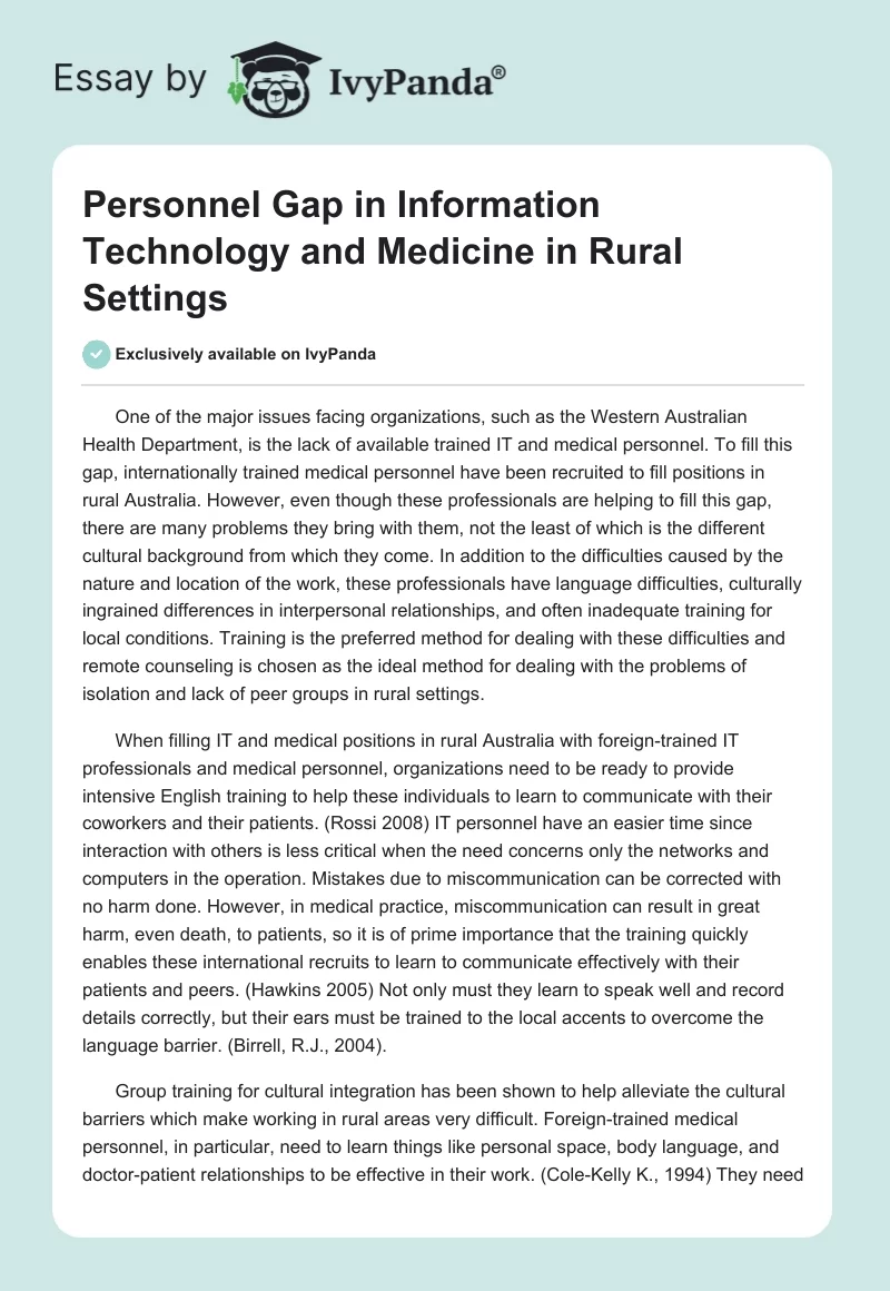 Personnel Gap in Information Technology and Medicine in Rural Settings. Page 1
