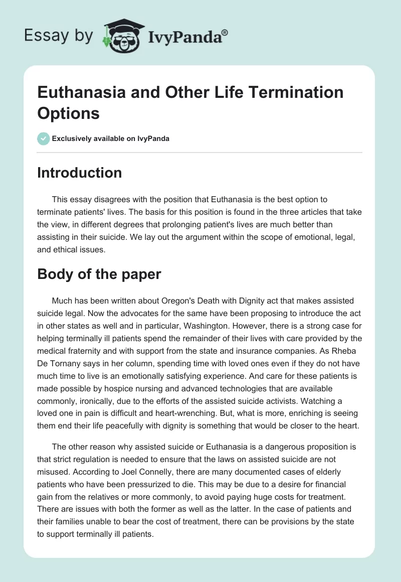Euthanasia and Other Life Termination Options. Page 1