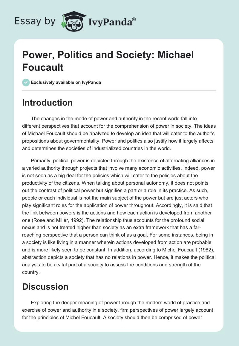 Power, Politics and Society: Michael Foucault. Page 1